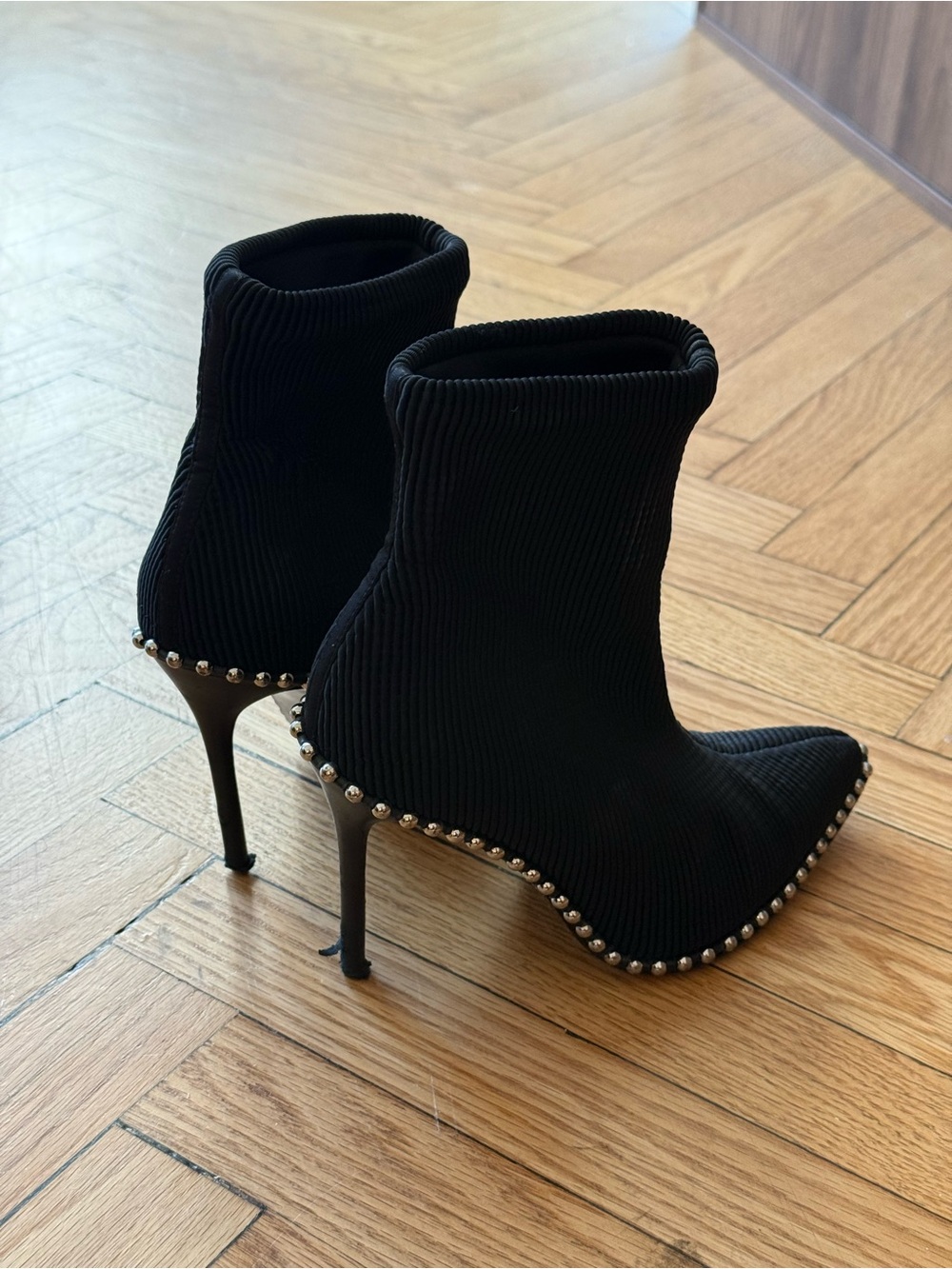 Alexander Wang Black Pointed Sock Ankle Boots with Stud Trim